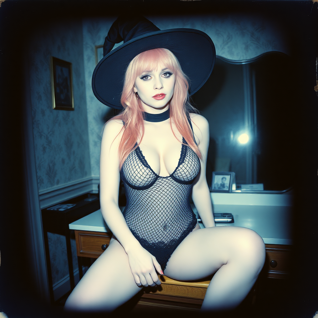 can of an old polaroid photo with heavy dark vignetting and a blue color tint to the photograph and visible light leaks. The photo depicts a sexy alt goth girl with pale skin and pink hair. She has large breasts with ample cleavage and is wearing a black fishnet bodysuit. She is wearing a witch hat. The image looks hazy and grungy. She is in an old house with wallpaper on the walls. Dark lighting with camera flash used. Candid. she is wearing a black lace thong. She is sitting on a builtin vanity with a mirror with her knees spread apart.