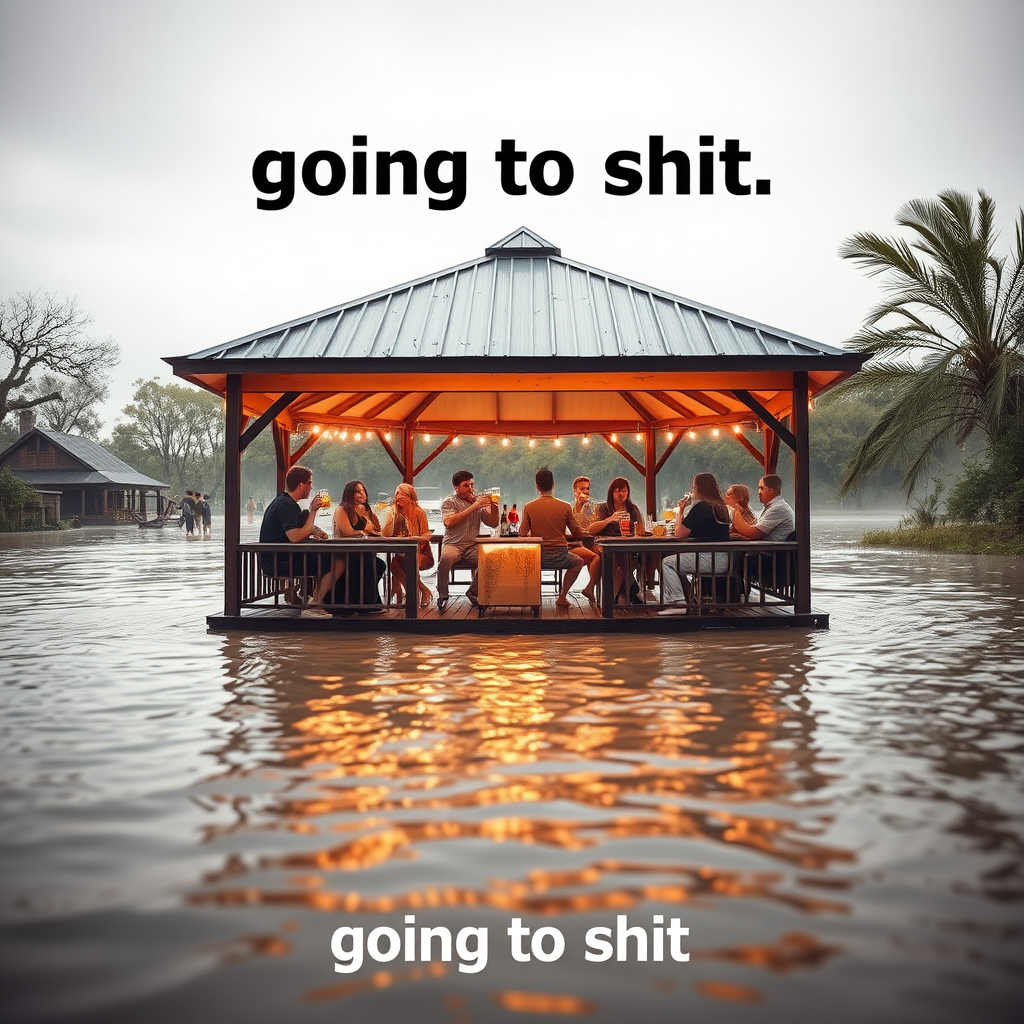 Create an image of a pavilion in a flooded environment and people comically partying on it drinking beer while the world is going to shit. Focus on the humorous contrast of the situation. Include the text "going to shit."