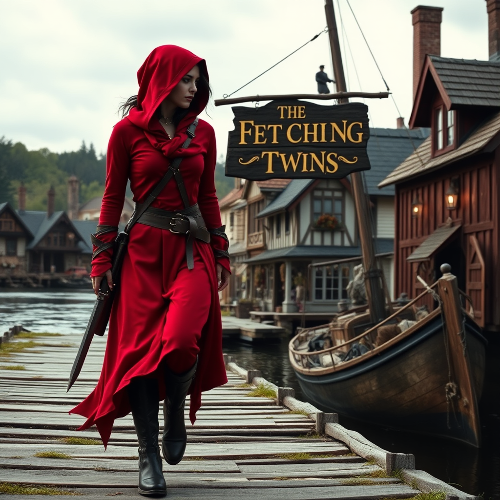 A wide distance shot of a female thief dressed in red, in a pastoral fantasy town. manse in the background. she is fleeing from someone. bar called "The Fetching Twins" wooden sign (consisting of a silhouette of two women leaning together for a kiss). Village of Dryden, dock with a run down ship.