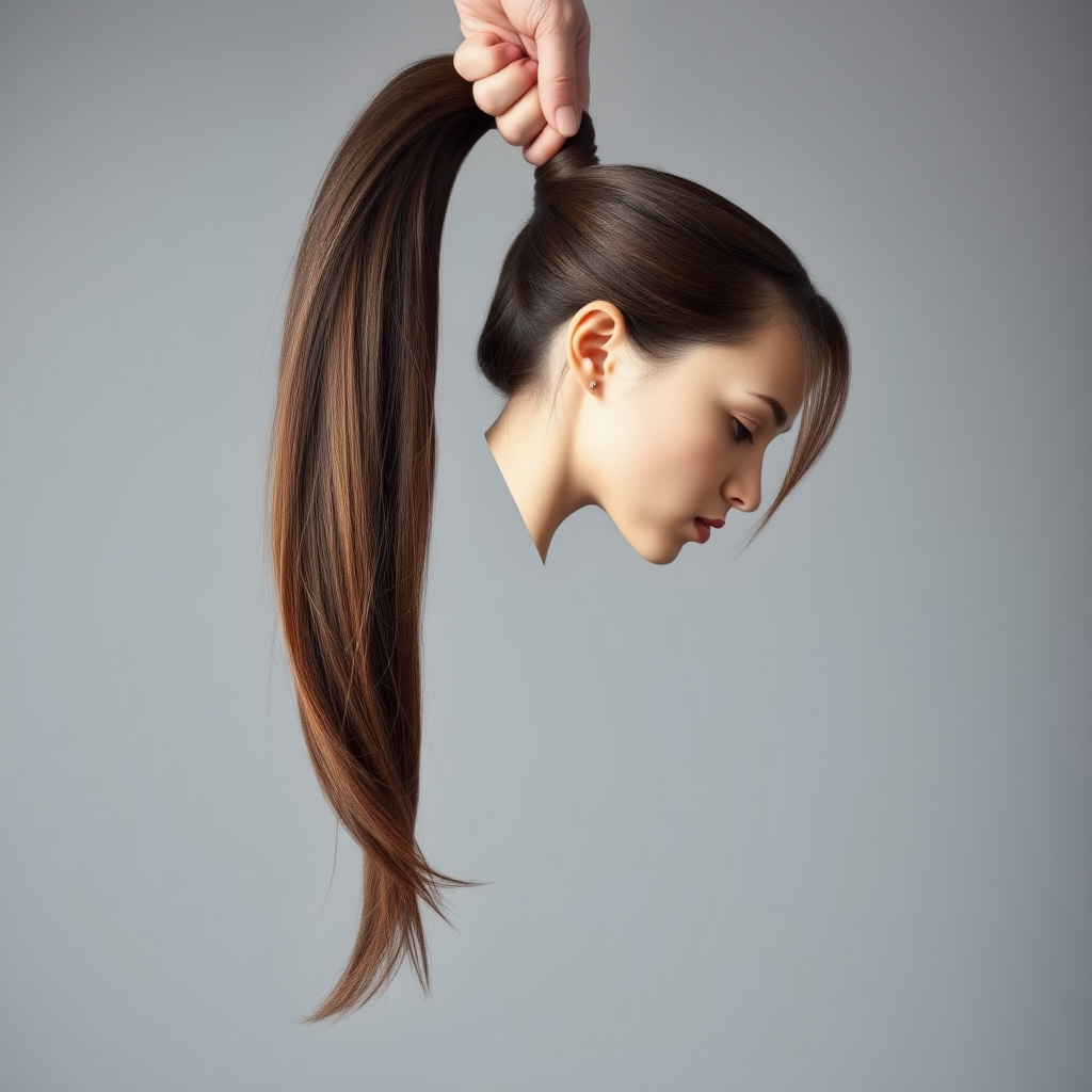 Surreal image of a very long haired woman's beautiful disembodied head hanging by her very long hair. Her very long hair is gathered at the top of her head into a long ponytail that stretches upward into a grasped hand. Plain gray background.