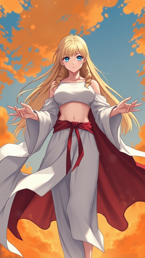 young girl, flat chested, flat chest, feminine, long blonde hair, blue eyes, flowing white robe, hands, hands open, flowing red burned tattered cape, levitating. orange and blue background. epic heroic pose, fantasy, masterpiece, HD, 8K, High Contrast anime, anime style