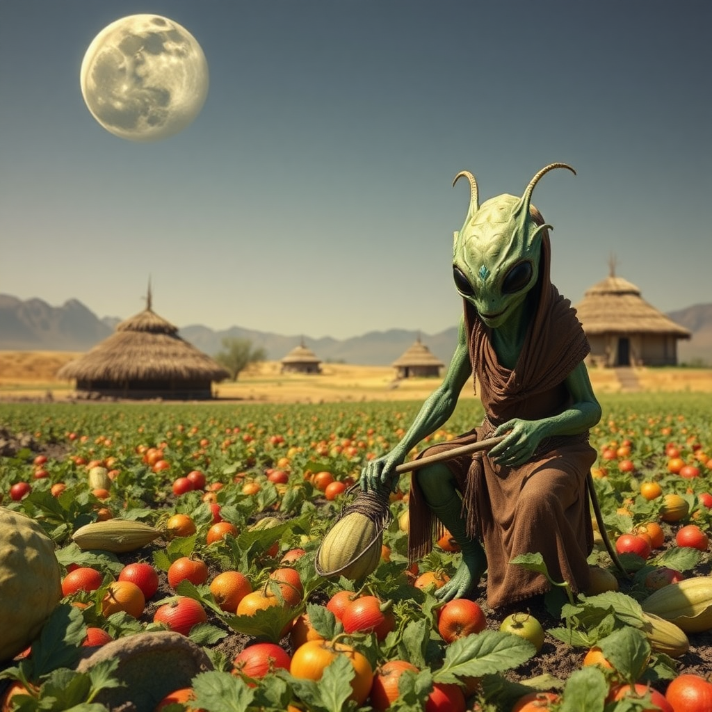 A humanoid arthropod alien in tribal clothing tilling a field of alien produce, alien huts in the background, ((two moons)) visible in the sky.