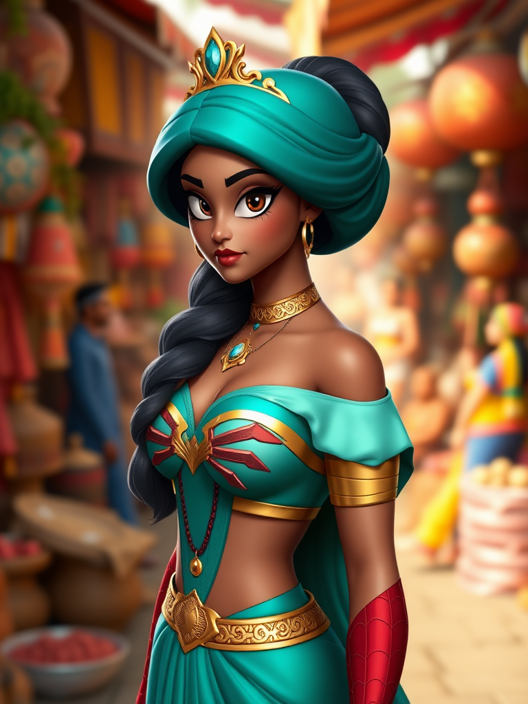 Generate a full-length photorealistic render of Princess Jasmine with the body type of Spider-Man. Retain Jasmine's head but modify her body structure and silhouette to reflect Spider-Man's physique and gender. Update her costume to fit the new body type while maintaining key elements of her original design. Place the character in an appropriate background that complements both Jasmine and Spider-Man, such as an exotic market or a vibrant city landscape. Ensure the image captures the essence of both characters while blending their styles seamlessly.