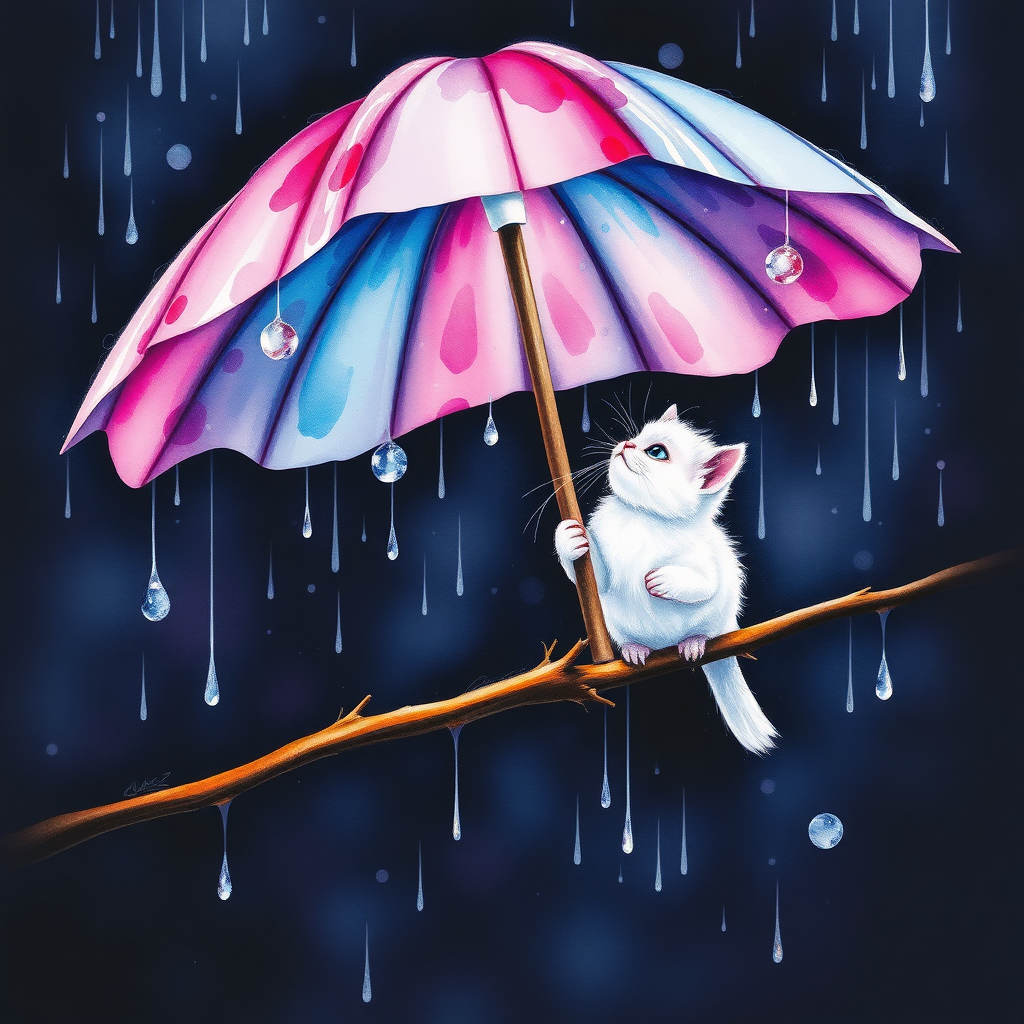 A vivid watercolor painting of a small white kitten perched on a branch, with a colorful flower umbrella-like structure above it providing shelter. The petals of the flower are rich in pink, purple, and blue hues with droplets of water gleaming and dripping down. The kitten looks up in admiration at the shower of droplets. The atmosphere is enchanting, with the dark background highlighting the bird, the luminescent flower, and the shimmering droplets, creating a magical, rain-soaked scene.