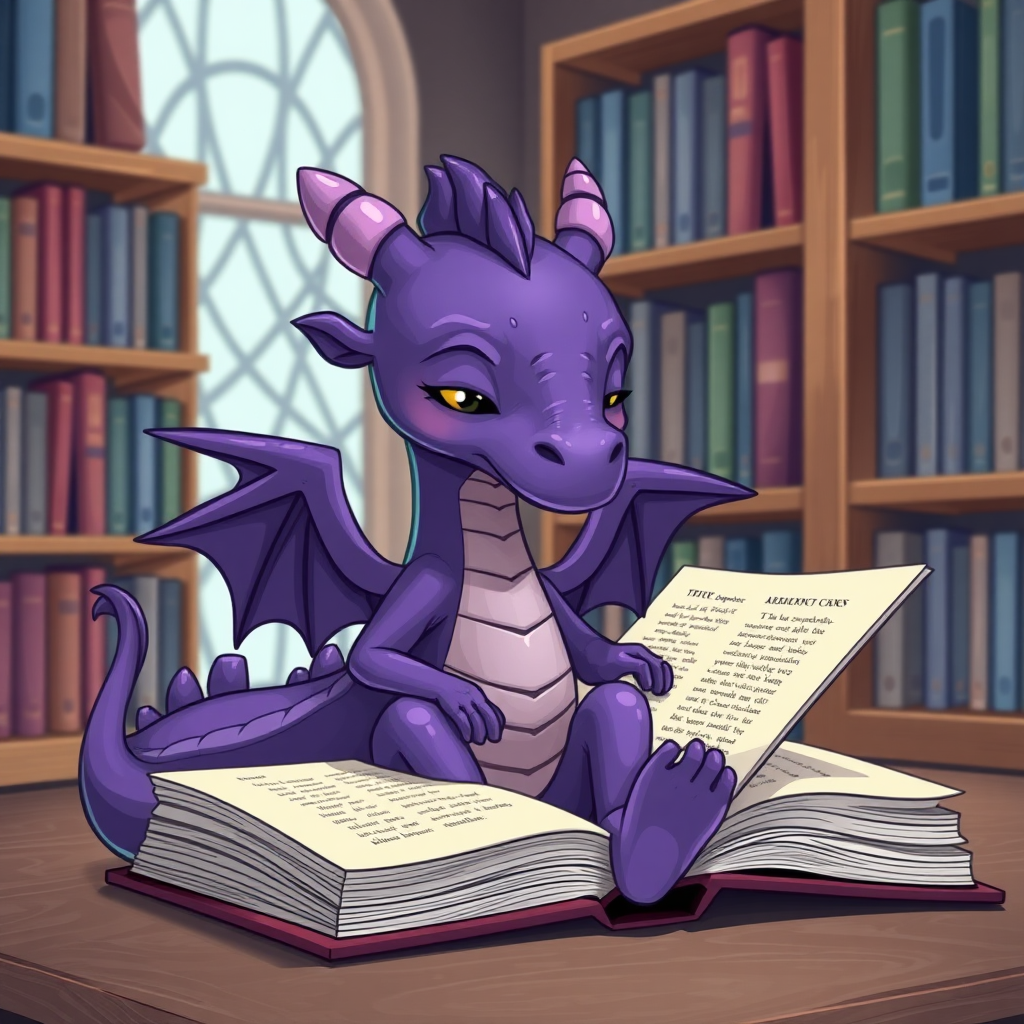 A lazy purple small dragon with two legs, two arms and wings in a library reading from a large book sitting beside him.