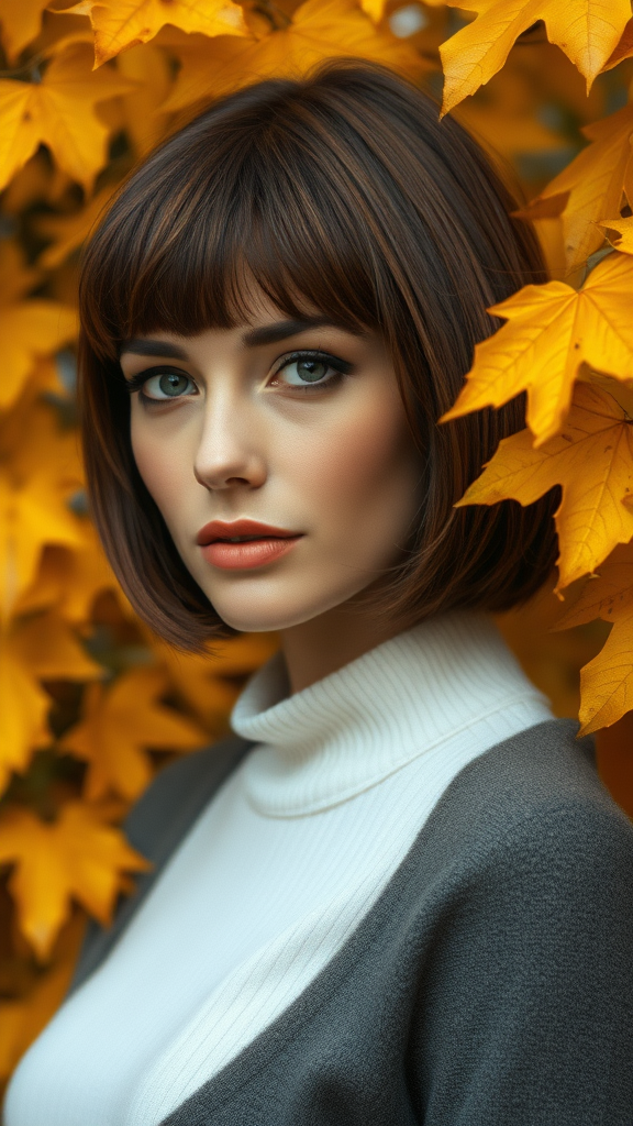 Beautiful model Carla Bruni with a square bob haircut, surrounded by autumn foliage, in high definition.