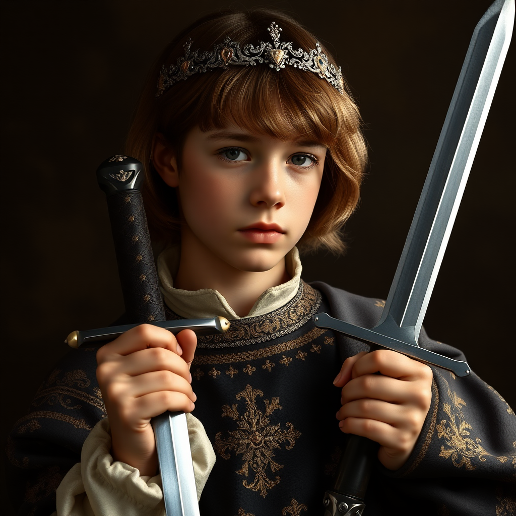 16yo teen boy prince holds his one small sword in a scabbard in his right hand by the hilt, long bob cut, embroidered with gold and diamonds medieval cloths, diamond diadem, and Beautiful War, natural Skin Texture, visualization of embossed Skin using the play of light and shadow. Free style by 50% Adolphe William Bouguereau and 15% Sandro Botticelli and 35% Otto Lomüller, The background is in the style of landscape style by Antonio del Polaiolo. Studio lighting, professional lighting. Generating the signature at the bottom: FluxBach. ultra high resolution, 16K,