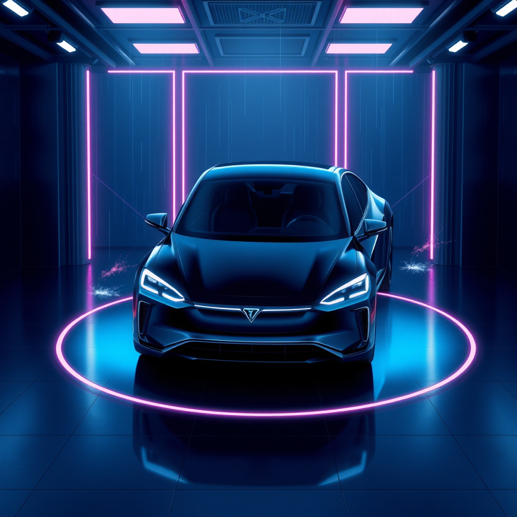 Draw an electric car in isometric view, high quality, very detailed, with a cybernetic atmosphere around the electric car displayed in a showroom, and the background depicted in a cybernetic and mysterious style reminiscent of the movie "Tron." Make the overall color scheme dark blue for an upscale feel. The layout should feature the electric car in the center, with the car size being 1/5 of the overall screen. Add sparks around the electric car to create a cool visual effect.