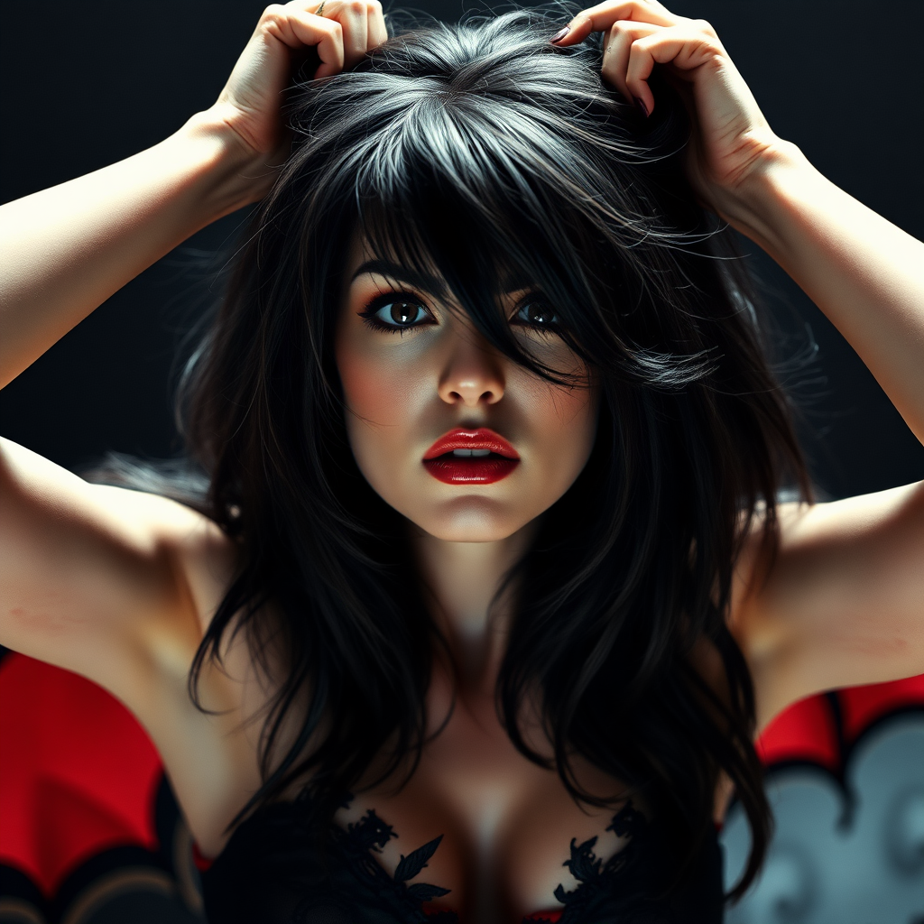 Vampirella pouting with her arms up and her hands plunging into her thick hair. Her thin fabric bodice is torn and her hair is messy. In high definition digital photograph.