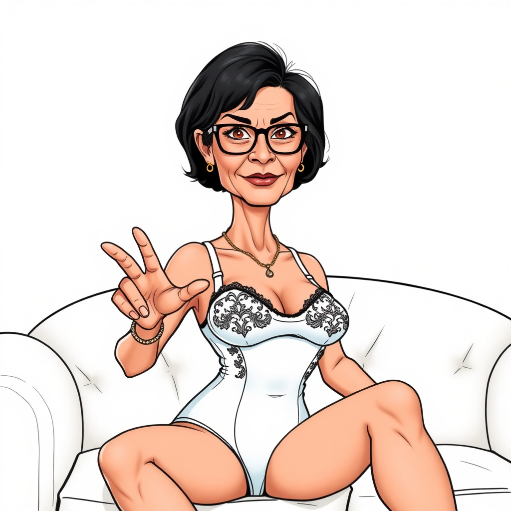 a towering 55 Years old, fit, slim, European, Latina, sharp aquiline nose, wrinkles, high cheekbones, Middle Eastern, Skinny, Tanned skin, Dark light skin, Rounded Medium breasts, Skinny thighs, full Makeup, jewelry, Serious face, Sharp nose, Ash hair, short bowl haircut, Brown eye color, Glasses, with detailed features. she is wearing embroidered black mesh balconette bras and a tight white high cut 1980s mesh cut out swimsuit, detailed fabric.  full body, high heels sandals, she is hand gesturing at the viewer to join her on a couch, sweating, 
long establishing shot, 2D, caricature, cartoon, Sketch lines, coloring book, coloring book style on white background, well composed, clean coloring book page, No dither, no gradient, strong outline, No fill, No solids, vector illustration, realistic proportions