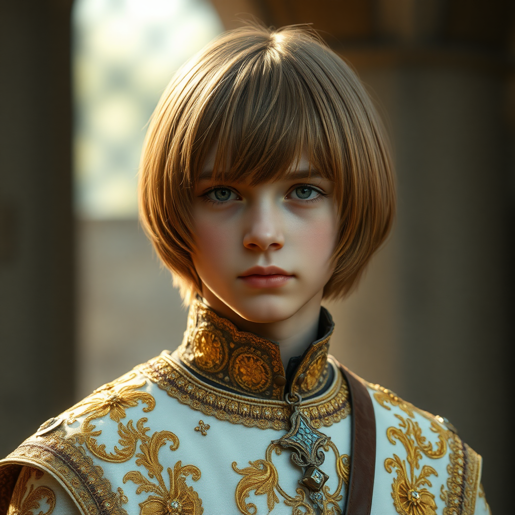 16yo teen boy prince, long bob cut, embroidered with gold and diamonds medieval cloths. photorealistic, ultra high resolution, 16K,