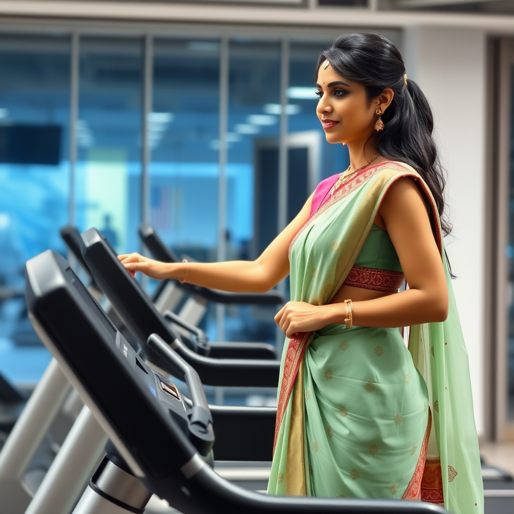 slim, Indian wife, dupatta, working out on treadmill in gym