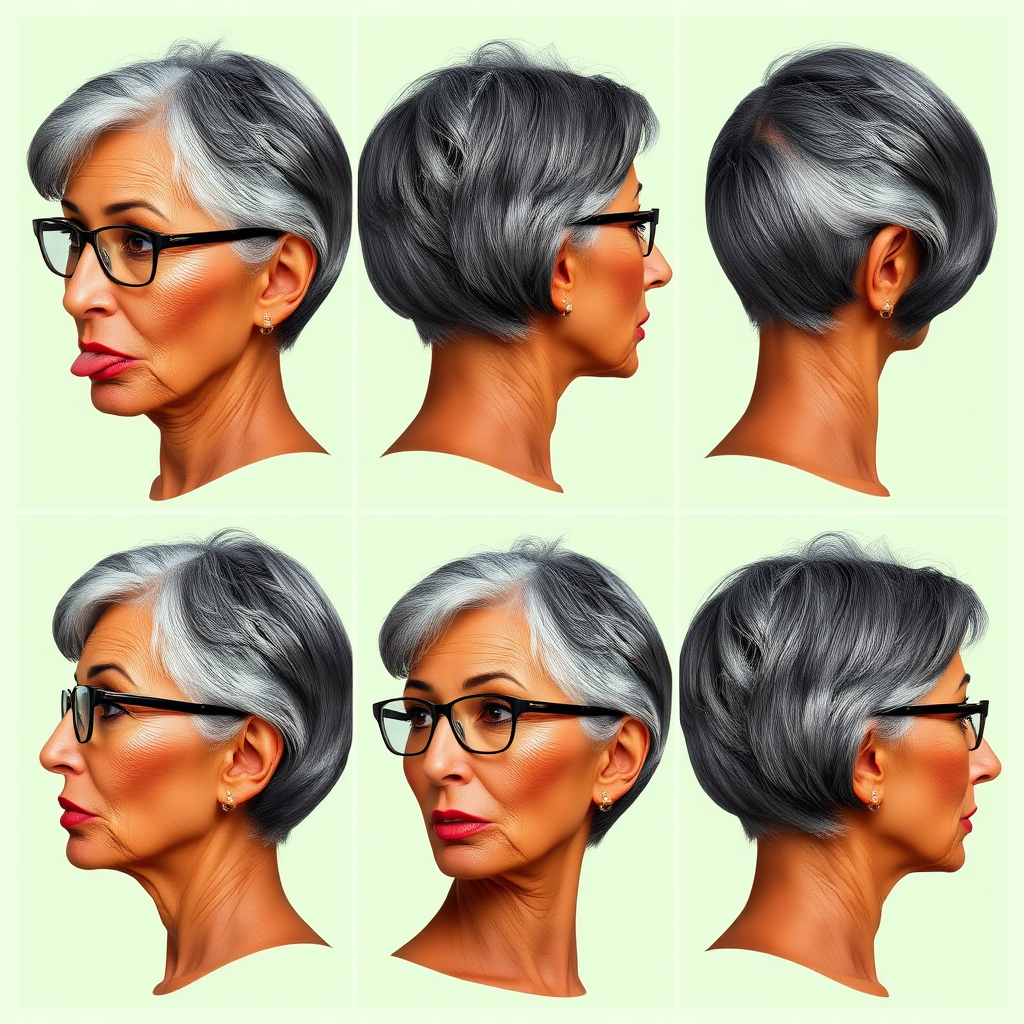 Photorealistic image of six headshots of a 50 Years old, fit, European, Latina, sharp aquiline nose, wrinkles, high cheekbones, Middle Eastern, Skinny, Tanned skin, Dark light skin, full Makeup, jewelry, Sharp nose, exaggerated expression, licking her lips, mouth open, dark grey Ash hair, short bowl haircut, Brown eye color, Glasses, with detailed features. Each photo displays the same face in back, profile and front view, cut out and isolated on a green background. All six heads are visible side by side, empty space around each view, no overlapping.