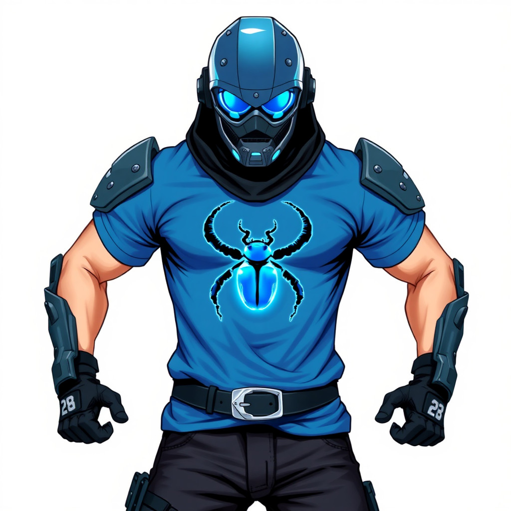 A 28-year-old cyberpunk vigilante stands heroically, clad in a high-tech, armored maximum blue t-shirt featuring a neon blue glowing beetle on the chest. They wear black biker pants, a black belt with a sapphire beetle buckle, and a maximum blue head covering helmet with neon blue glowing lenses. Their hands are protected by black metal gloves, all set against a solid white background. He is drawn as if he was in a retro 2D cyberpunk fighting game.