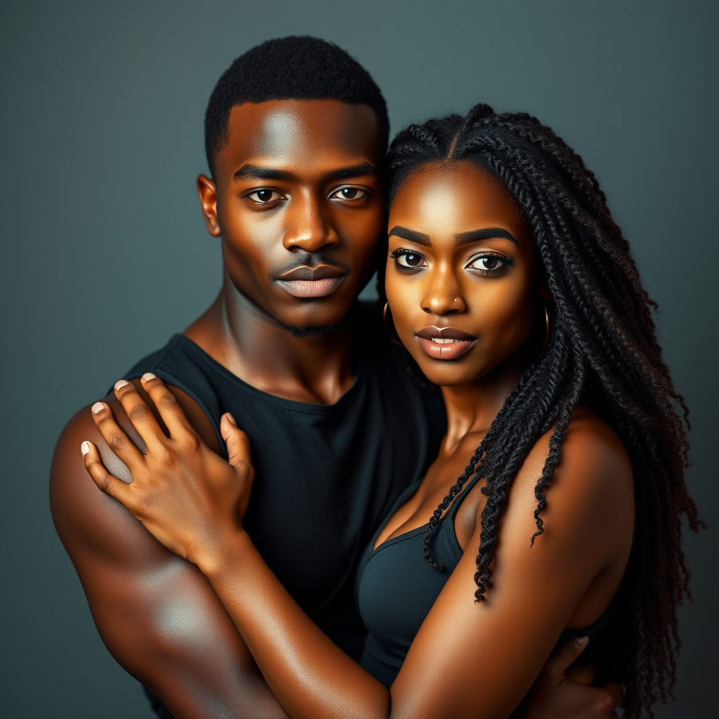 An image of a young muscular but lean African American male with his arms around a beautiful young African American female.