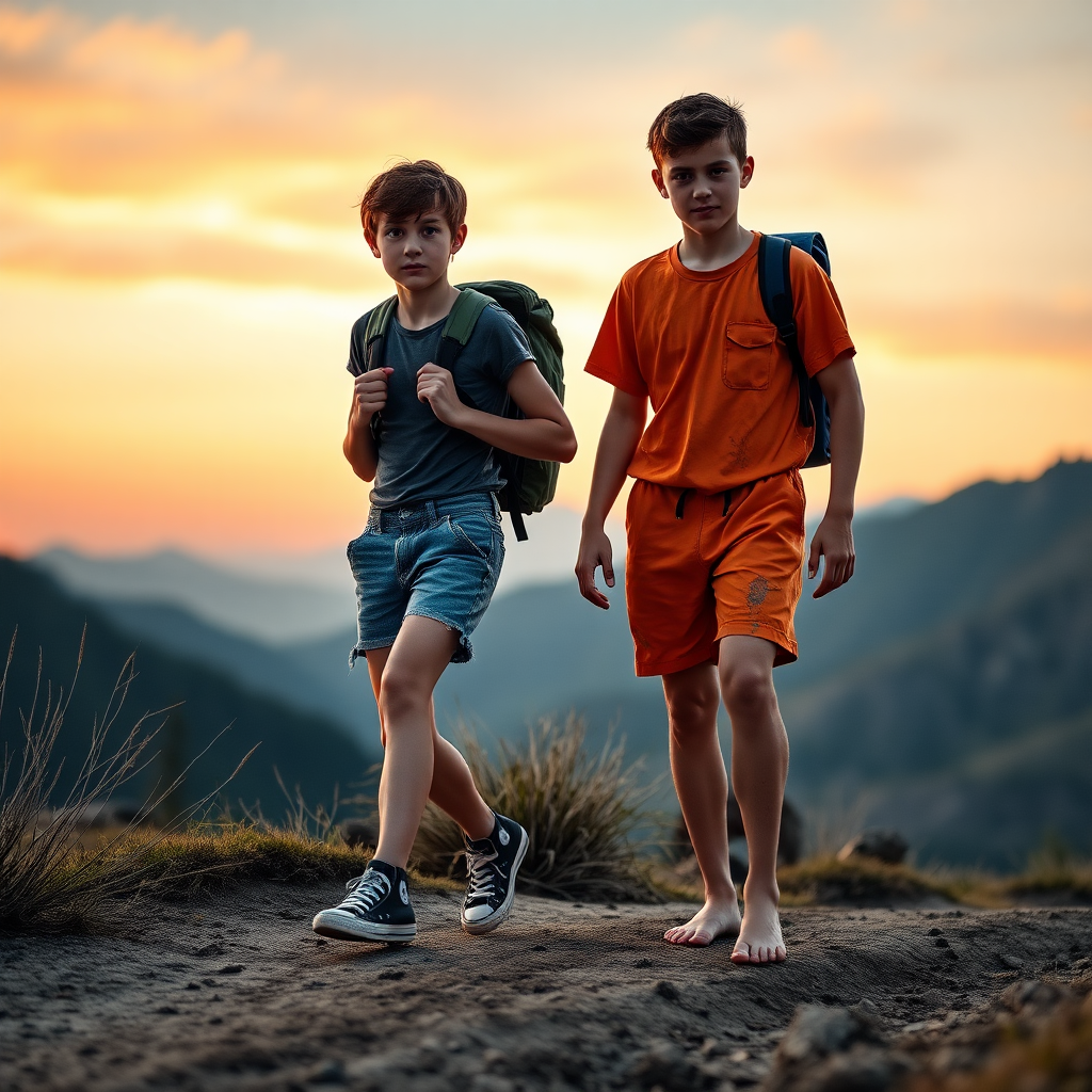 A top model 14yo teen boy, brunette, long layered haircut with a messy hair, wearing a tiny denim short shorts, a super sexy top, Black converse all star shoes, with a hiking backpack on his shoulder, he is helping another 14yo teen boy to walk back to his camp. The second boy is wearing sexy short short orange inmate outfit, he is dirty, covered with mud, barefoot. They are walking in the mountain, at sunset. Both of the boys are looking at the camera, there is something erotic and sensual in the air. long legs, bare thighs.