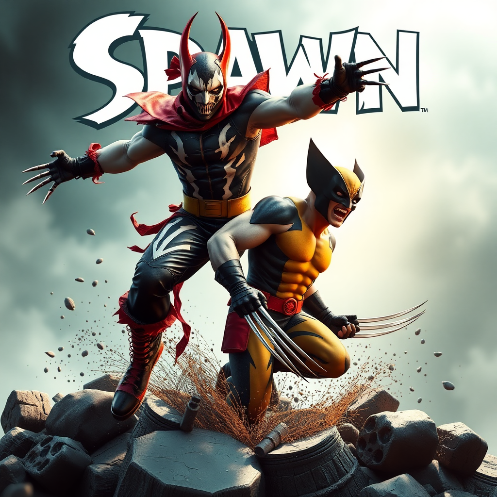 Jumping out of a comic book cover is Spawn and Wolverine in Cinematic Real3D photo-realistic quality.