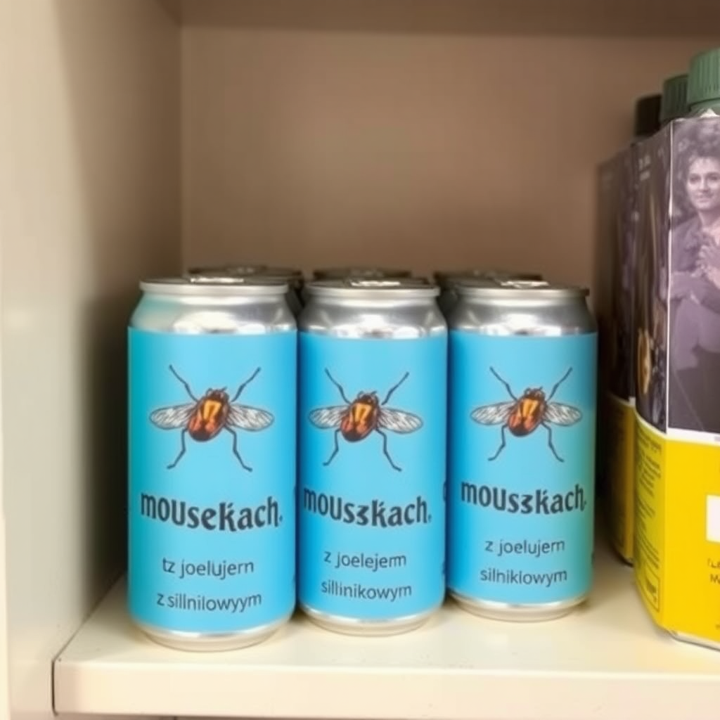 a small shelf with cans that have an image of a house fly on the label and text saying "musz w puszkach" and smaller text saying "z olejem silnikowym"