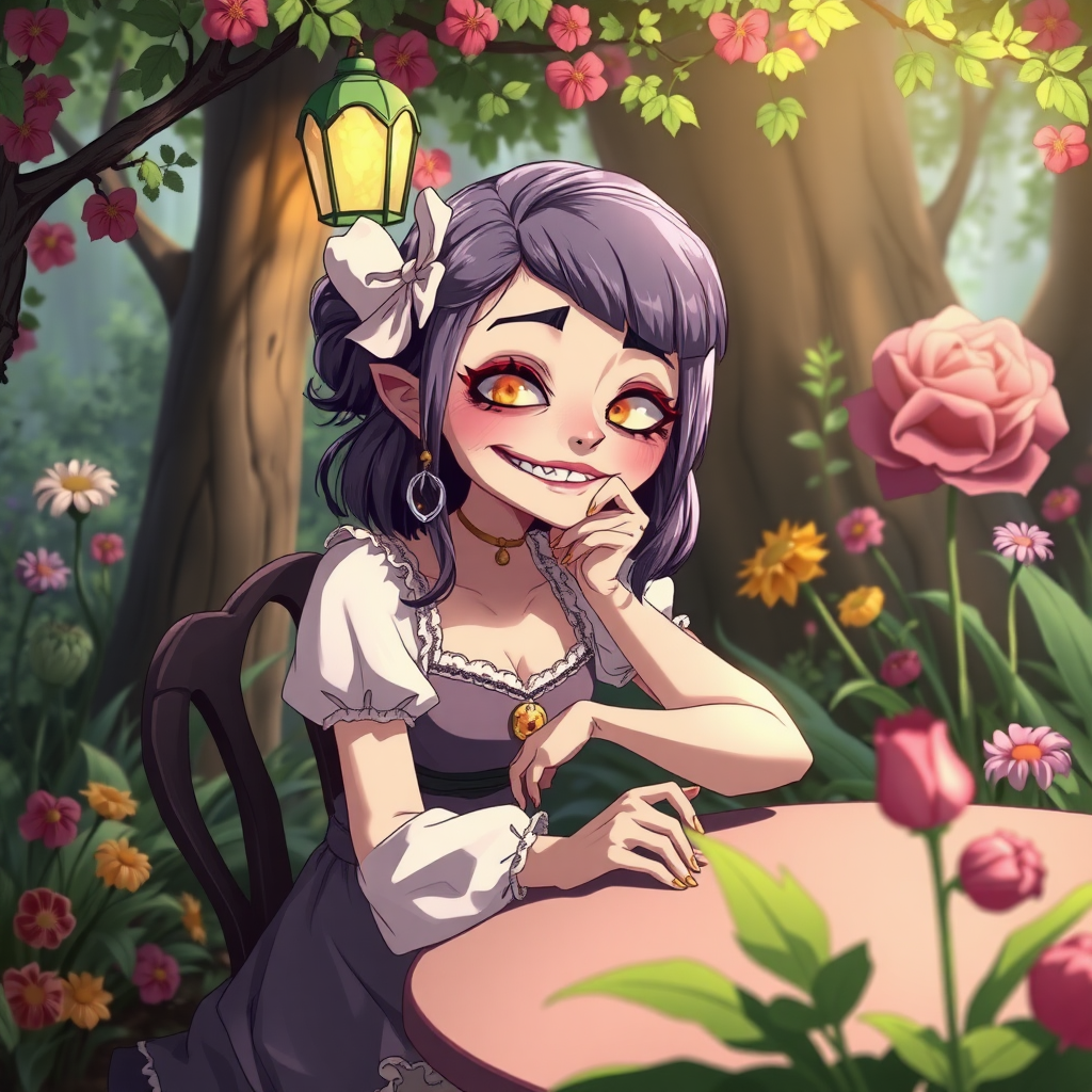 A ugly young lady is sitting in a fairytale garden, she is sitting at a table with a head on the table smiling. Anime style