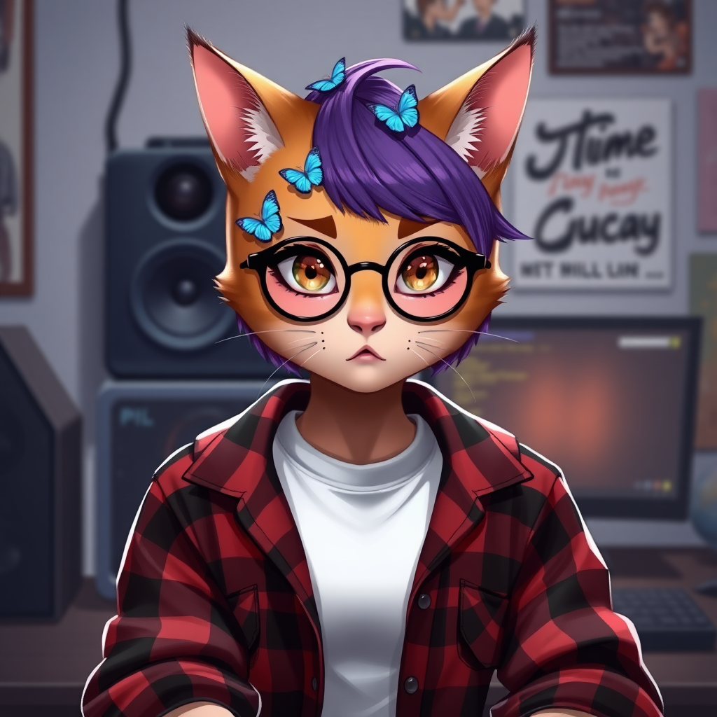 female lesbian cat-man flat chest serious chestnut color with small blue butterflies on the head, a round head, with a purple undercut hairstyle, hazel eyes, dimples on the cheeks, chubby cheeks, wearing semi-round glasses, a red and black checkered shirt open over a white t-shirt, in front of a desk with a gaming PC, in digital art