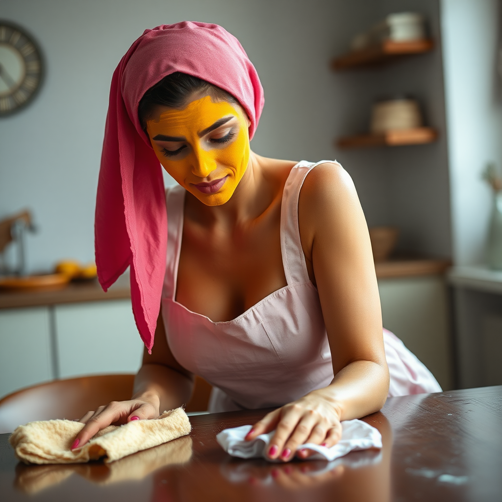 slim, 30 year old, sexy, french maid, pink scarf head, turmeric face pack. She is cleaning a table with a cloth