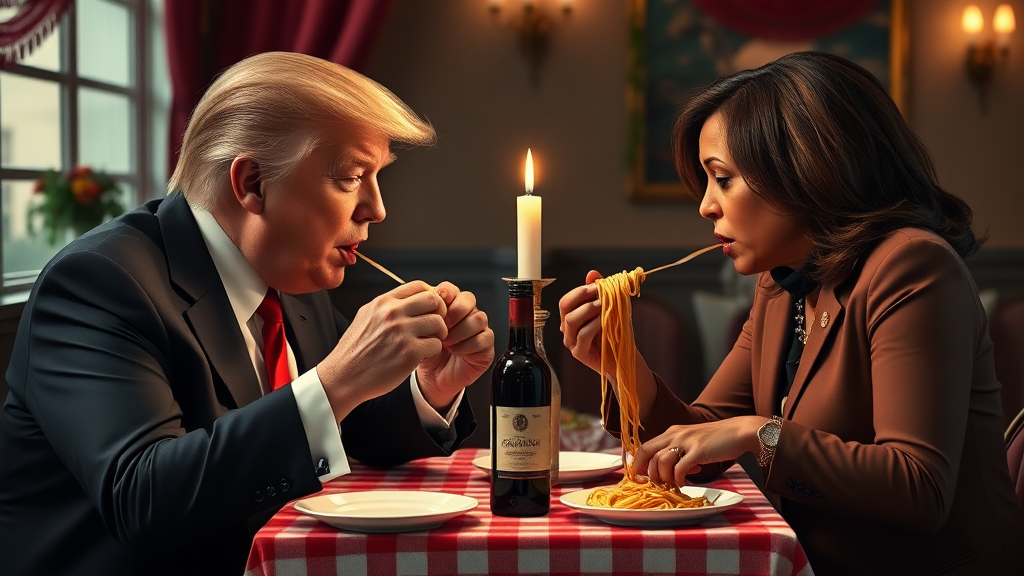 Photoreal style. ratio: 16:9. Donald Trump and Kamala Harris eating in an Italian restaurant a la the one in 'Lady and the Tramp.' Checkered tablecloth, Chianti bottle used as a candle holder. Both humans are eating spaghetti from the *same* plate with their hands, and end up eating the same piece of spaghetti, making their heads meet.