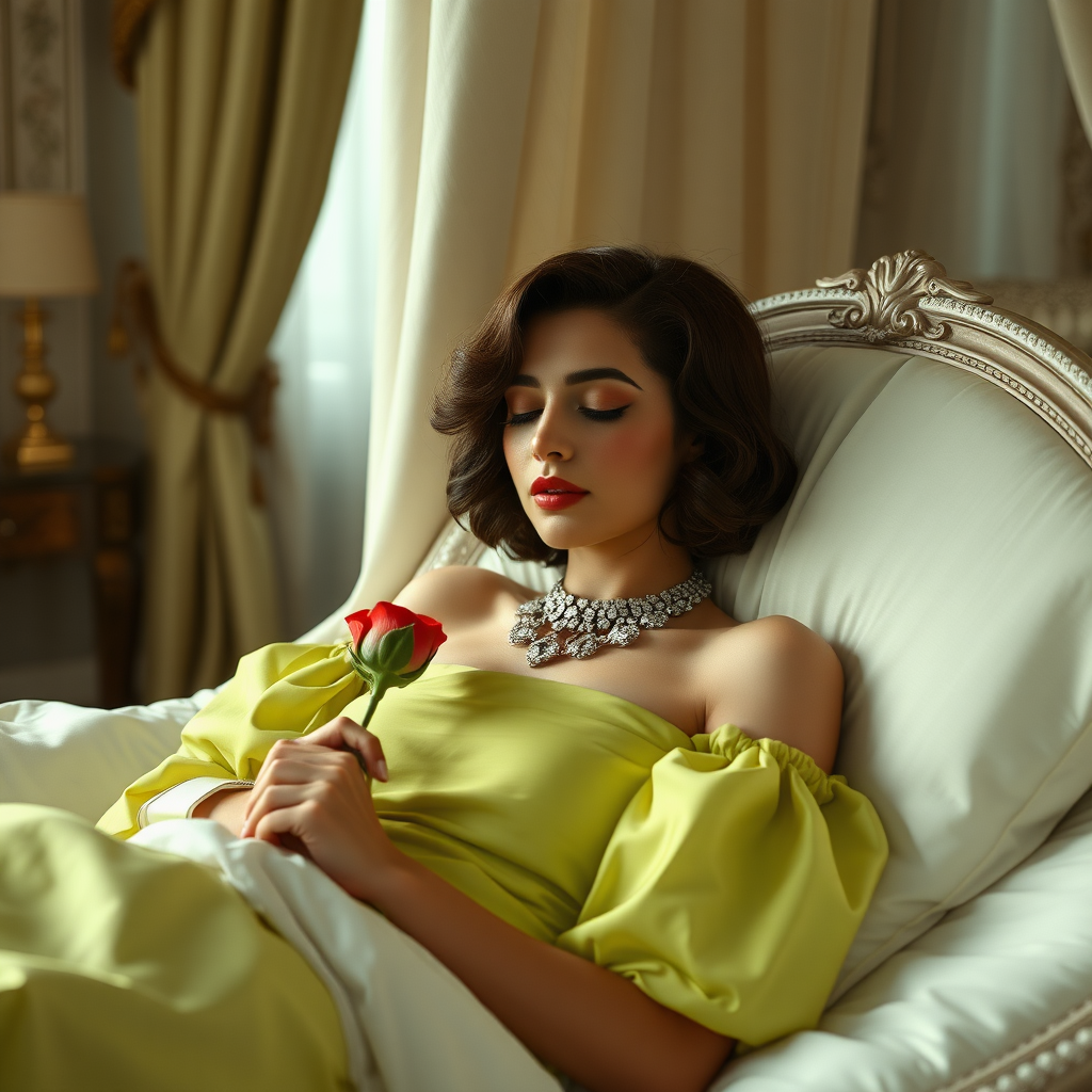 film still of an alluring, feminine 19-year-old Pakistani prince with short wavy brown hair in a bob with ringlets, rose lipstick, rose blush, long eyelashes, narrow face, wearing a lime green off-shoulder puff sleeve dress with a flowing skirt and white sleeves and a diamond festoon necklace. Sleeping in a funeral bier, eyes closed, holding a rose, the bedroom is covered by a large curtain in a palace room as the beauty rests forever in a deep death-like sleep.