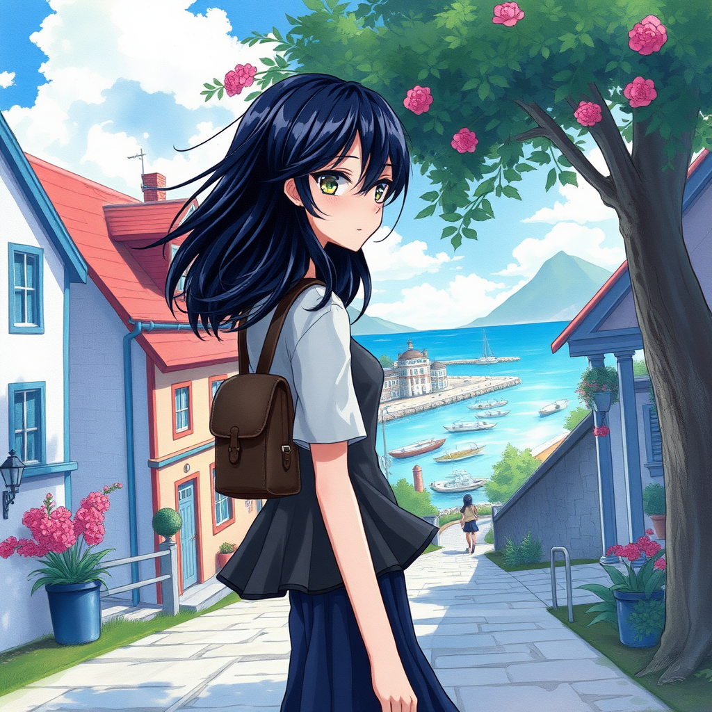 1 raven haired girl walking down a seaside town in watercolor anime style