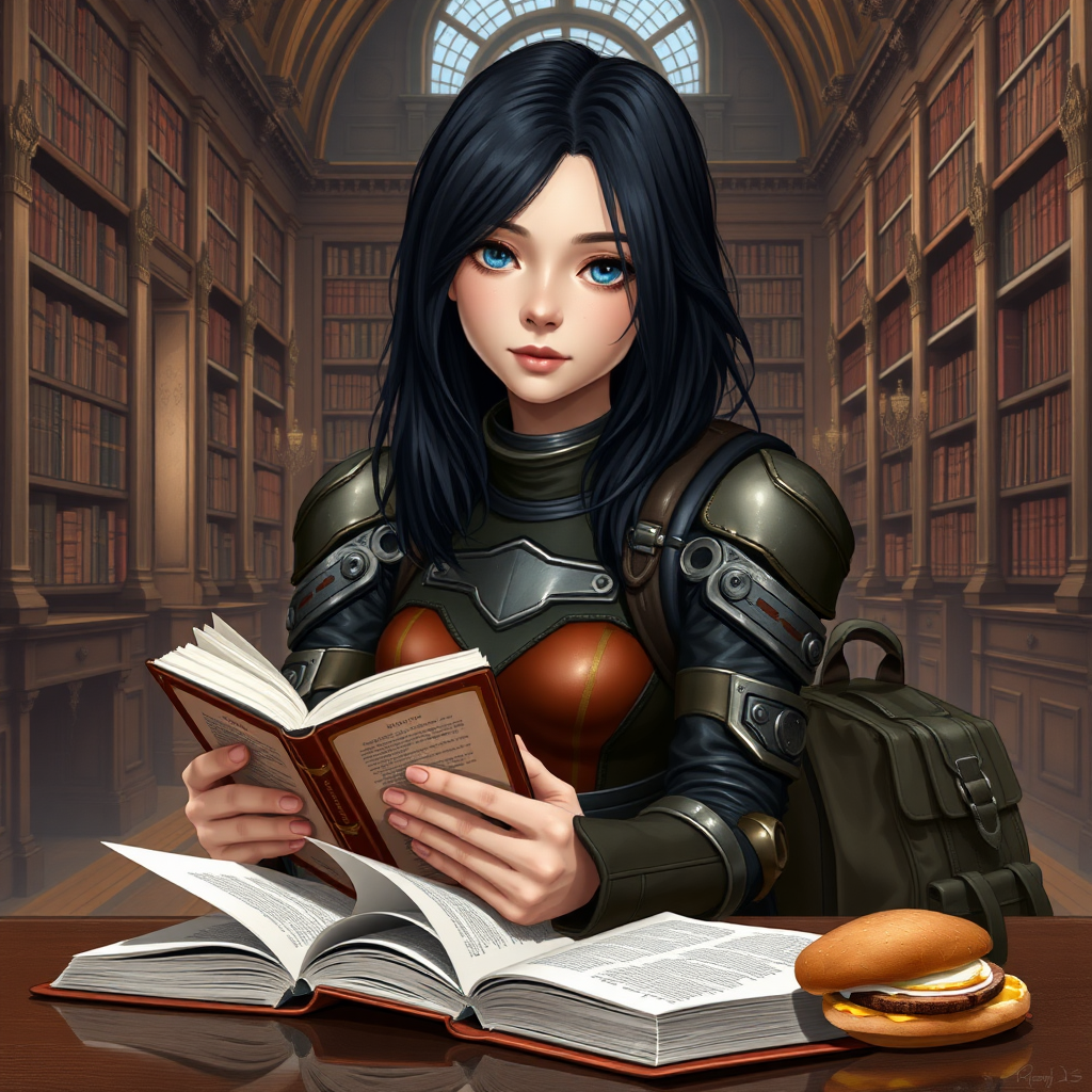 beautiful young woman, dark hair past her shoulders, blue eyes, small, slim figure, wearing full leather armor suit, sitting, reading book, on the table, a sandwich and backpack, in a grand old library.