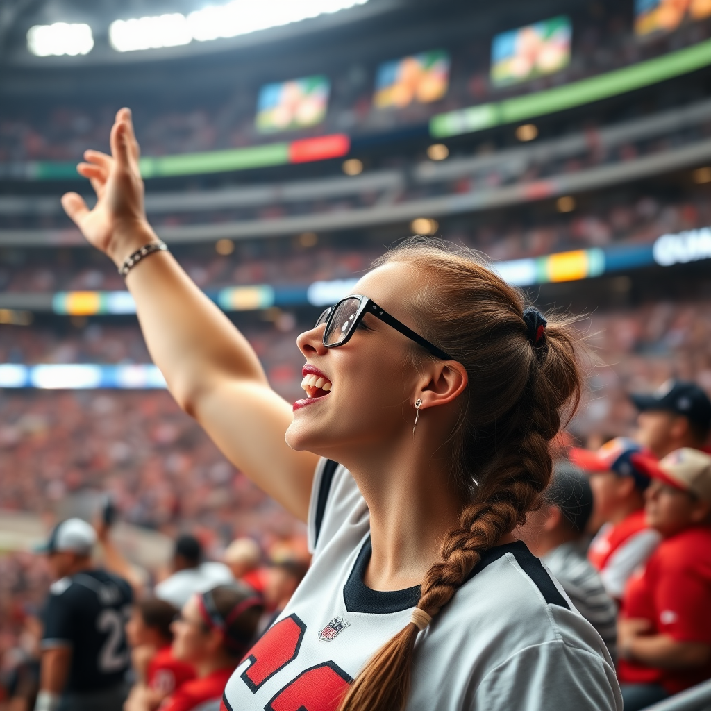 Hot female NFL fan is cheering for team, pigtail hair, inside crowded stadium