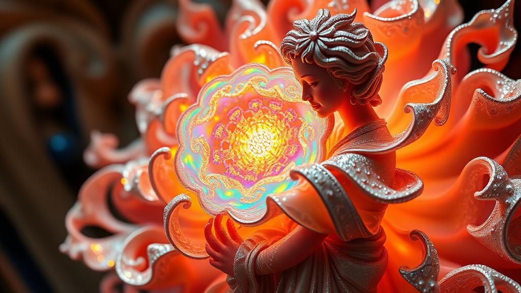 statue, mandelbulb fractal, ultra-detailed, dynamic composition, artistic photograph, fractal, brilliant colors, glittering, illumination, transparency, translucent, opal, turquoise, romanticism, sharp focus, pottery, floral, by amy sol, mother of pearl, iridescent