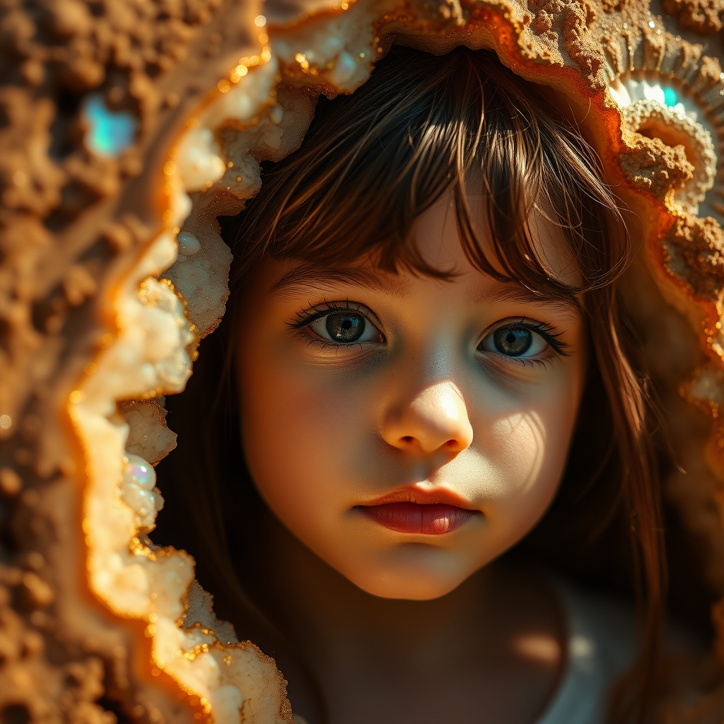 young girl, high quality photo, intricate environment, ultra-detailed, impressionistic, dynamic composition, artistic photograph, geode, alabaster, gold, fractal, brilliant colors, glittering, sunlight, illumination, transparency, translucent, opal