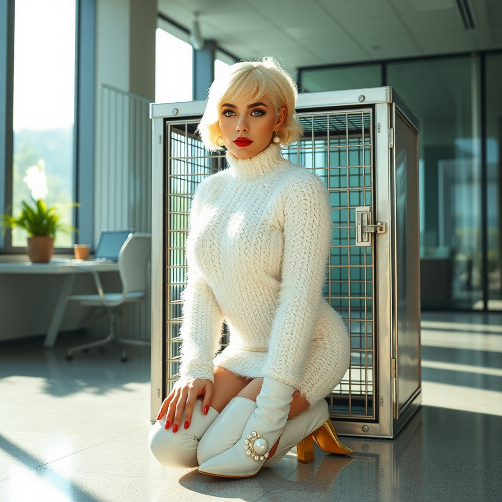 Sunny spring morning, modern glass-steel-concrete office, kneeling inside locked small steel cage, waiting for the master: Ana, European 17 years old very convincing femboy “trophy-bimbo”, tamed servile docile, very beautiful feminine flawless face, rather short boyish figure, platinum blond short tight curls, bold red lips, heavily made-up face, long French nails, wearing Supertanya-style chunky fluffy very fuzzy bright white plushy mohair figure-hugging turtleneck-knitdress with white pearl decoration, white vinyl thigh-high boots with golden heels, pearl earrings, serious, leaning forward presenting her assets, arrogantly looking through grid at camera. Full view of office.