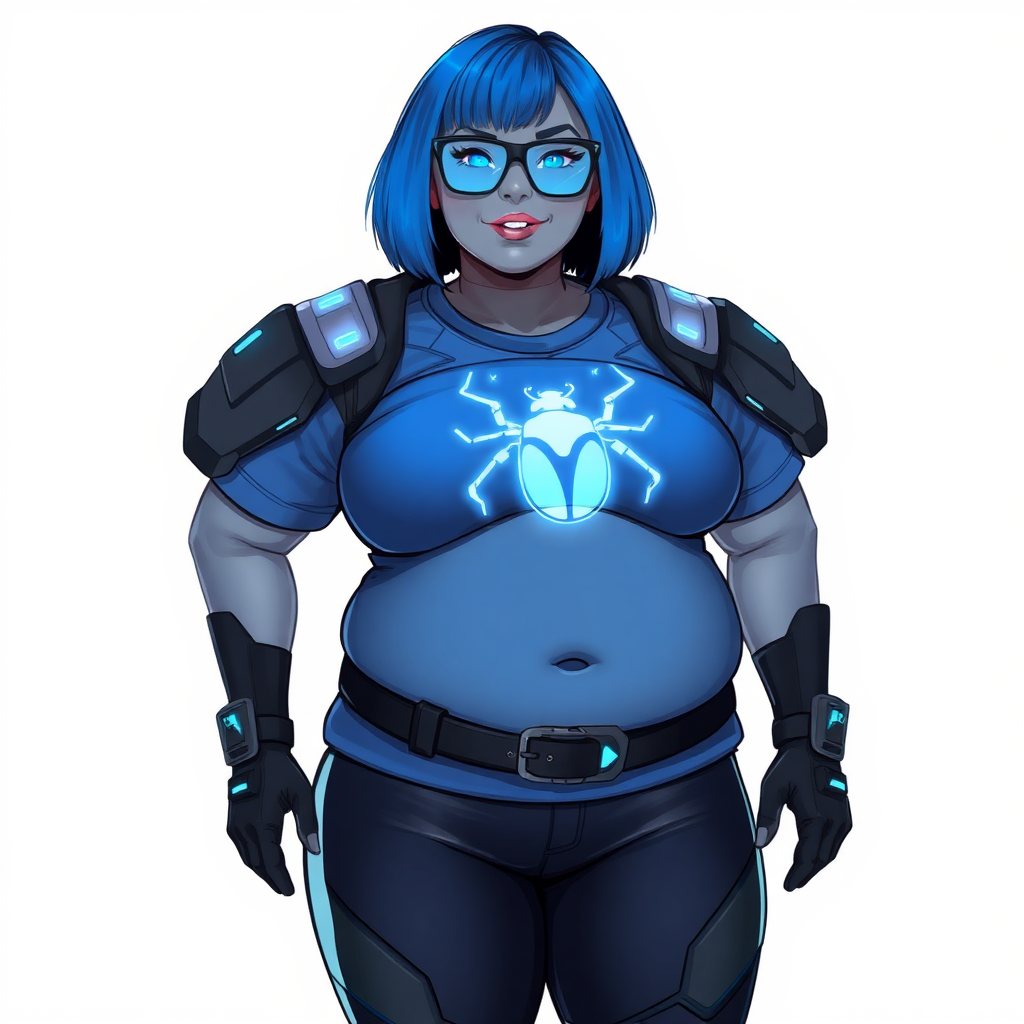 A 28-year-old, full-figured, middle gray skinned computer program hybrid with a maximum blue bob cut. She has a non-athletic build, highlighted by a prominent, round, midsection (with emphasis on her belly), which is the aftermath of pampering. As the heavily pampered digital sidekick to her cyberpunk vigilante boyfriend, her middle gray metallic skin and maximum blue lipstick emphasize her digital nature. She wears a digital, computerized costume consisting of a huge, tight-fitting, maximum blue t-shirt with a neon blue glowing chest icon of a beetle, hi-tech shoulder pads with neon blue accents, a black hi-tech belt with a digital neon blue glowing buckle, digital black biker pants with neon blue accents, and black hi-tech gloves with neon blue glowing accents. Her neon blue glowing eyes, black eyeglasses with a neon blue glowing HUD built into its lenses, and shy smile with neon red blush accentuate her nerdiness. She stands bashfully with her hands behind her back, her costume covering all her skin and emphasizing her full-figured physique (especially her belly). She is clearly non-athletic, with a focus on her full-figured physique. Despite her build, she radiates beauty. She has a slim face compared to her physique, accentuating her radiant beauty. She is on a solid white background. She is drawn as if she was in a retro 2D cyberpunk fighting game.