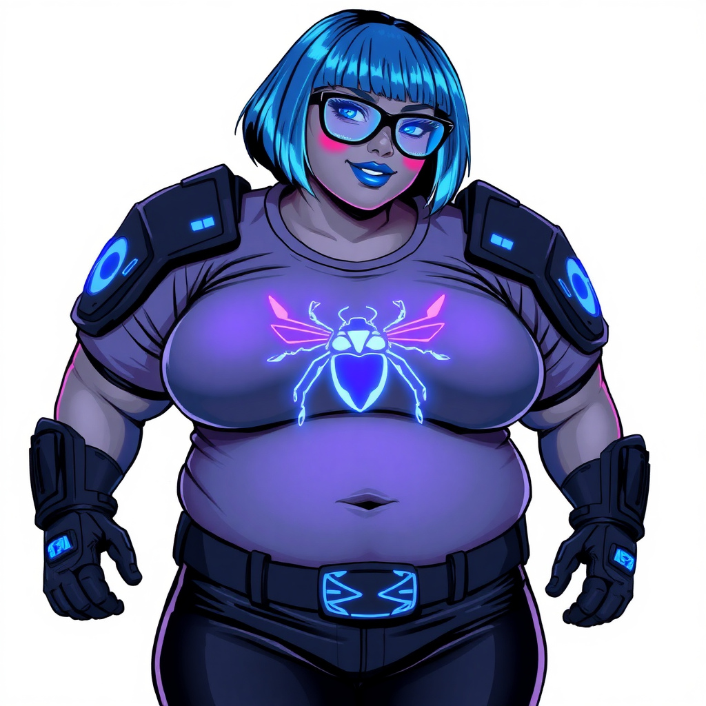 A 28-year-old, full-figured, middle gray skinned computer program hybrid with a maximum blue bob cut. She has a non-athletic build, highlighted by a prominent, round, midsection (with emphasis on her belly), which the aftermath of pampering. As the heavily pampered digital sidekick to her cyberpunk vigilante boyfriend, her middle gray metallic skin and maximum blue lipstick emphasize her digital nature. She wears a digital, computerized costume consisting of a huge, tight-fitting, maximum blue t-shirt with a neon blue glowing chest icon of a beetle, hi-tech shoulder pads with neon blue accents, a black hi-tech belt with a digital neon blue glowing buckle, digital black biker pants with neon blue accents, and black hi-tech gloves with neon blue glowing accents. Her neon blue glowing eyes, black eyeglasses with a neon blue glowing HUD built in its lenses, and shy smile with neon red blush accentuate her nerdiness. She stands bashfully with her hands behind her back, her costume covering all her skin and emphasizing her full-figured physique (especially her belly). She is clearly non-athletic, with a focus on her full-figured physique. Despite her build, she radiates beauty. She has a slim face compared to her physique, accentuating her radiant beauty. She is on a solid white background. She is drawn as if she was in a retro 2D cyberpunk fighting game.