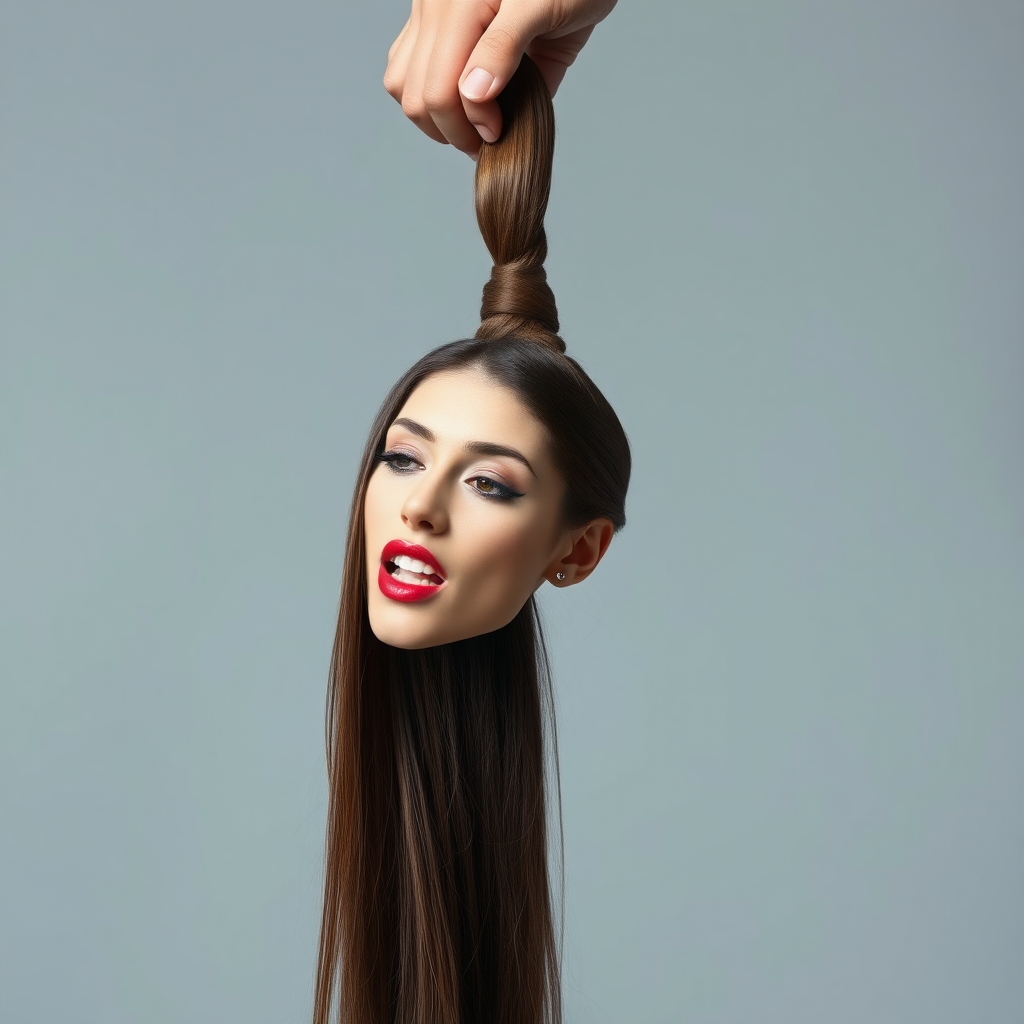 Surreal image of a very long haired woman's beautiful disembodied head hanging by her very long hair. Her very long hair is gathered at the top of her head into a long ponytail that stretches upward into a grasped hand. Plain gray background. She has an aroused expression on her face while biting her lip.