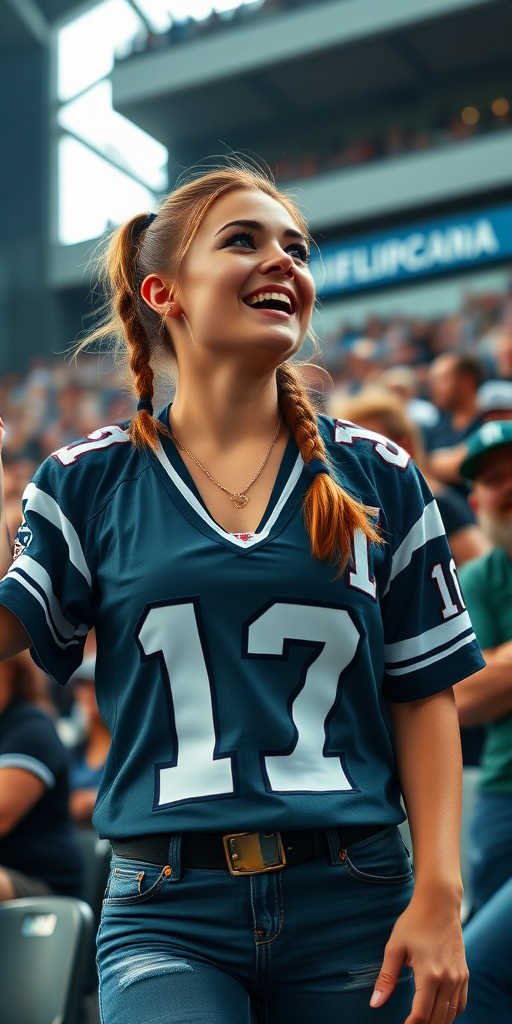 Very attractive female NFL fan, huge chest, jersey, cheering wildly, pigtail hair, crowded stadium bleacher row