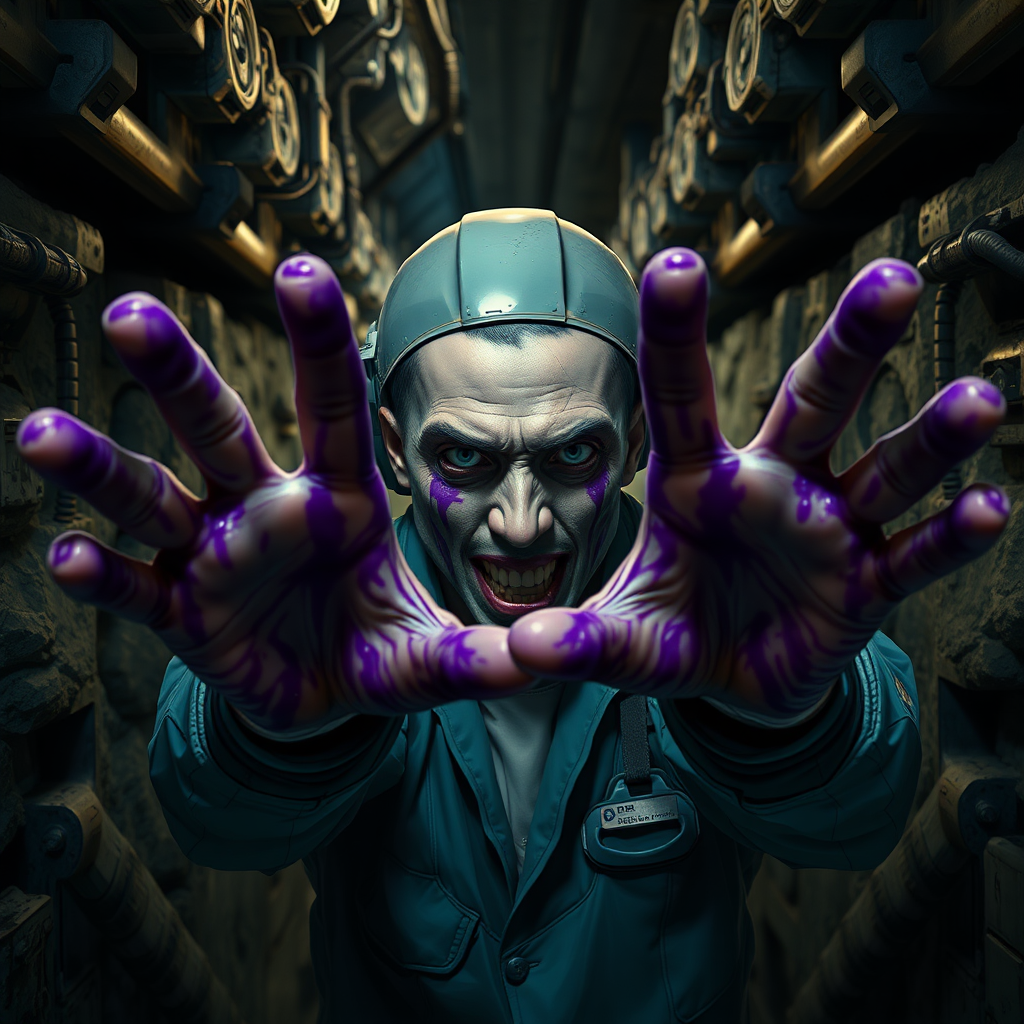 Cinematic sci-fi horror digital painting. Crew member approaching the viewer with arms reaching out. Consciousless aggressive facial expression. Purple slime smears on face and hands. Dark rocky industrialized corridor.