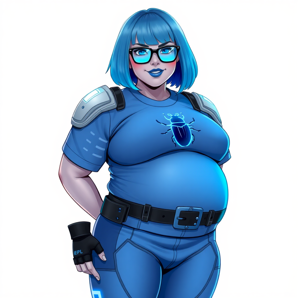 A 28-year-old, full-figured, digital and metallic light neutral gray (N7) skinned computer program hybrid with a maximum blue bob cut. She has a non-athletic build, highlighted by a prominent, round, large midsection (with full emphasis on her large belly), which shows the effects of her love of junk food acquired from her boyfriend. As the full-figured, nerdy, digital sidekick to her cyberpunk vigilante boyfriend, her metallic and digital light neutral gray skin and maximum blue lipstick (5PB 5/12) emphasize her digital nature. Her skin has a subtle, animated glow, with digital patterns occasionally flickering across it, making her digital nature obvious. She wears a digital, computerized costume, consisting of a huge, tight-fitting, maximum blue t-shirt (5PB 5/12) (accentuating her large belly) with a neon blue glowing chest icon of a beetle, hi-tech shoulder pads with neon blue accents, a black hi-tech belt with a digital neon blue glowing buckle, digital maximum blue biker pants (5PB 5/12) with neon blue accents, and black hi-tech fingerless biker gloves with neon blue glowing accents. Her neon blue glowing eyes, black eyeglasses with neon blue glowing lenses equipped with a built-in HUD, and bashful smile with neon red blush accentuate her nerdiness. She stands bashfully with one hand behind her back and the other hand gently touching her cheek, her costume covering all her skin and fully emphasizing her full-figured physique (especially her large belly). She is clearly non-athletic, with full focus on her full-figured physique. Despite her build, she radiates beauty. She has a slim face compared to her physique, accentuating her radiant beauty. She is on a solid white background. She is drawn as if she were in a retro 2D cyberpunk fighting game.