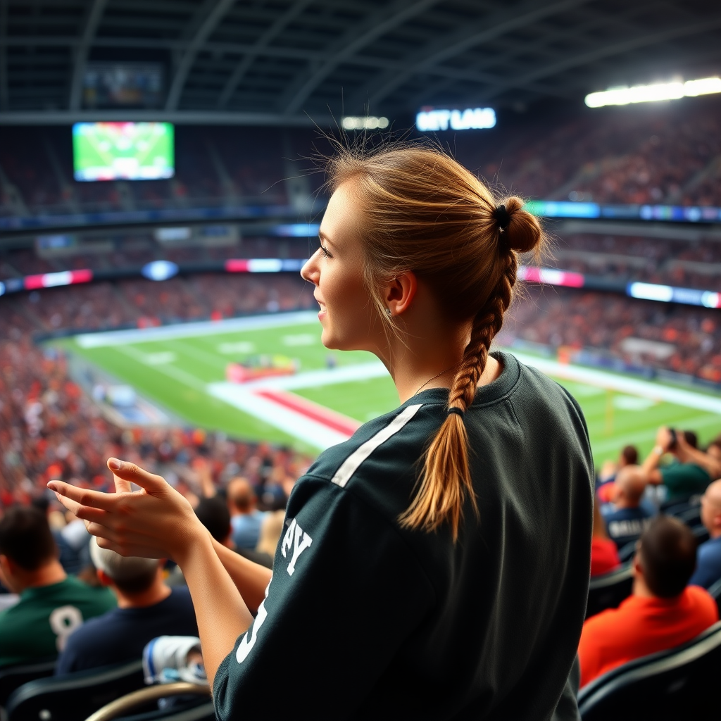 Attractive female NFL fan, pigtail hair, cheering inside crowded bleachers, NFL stadium