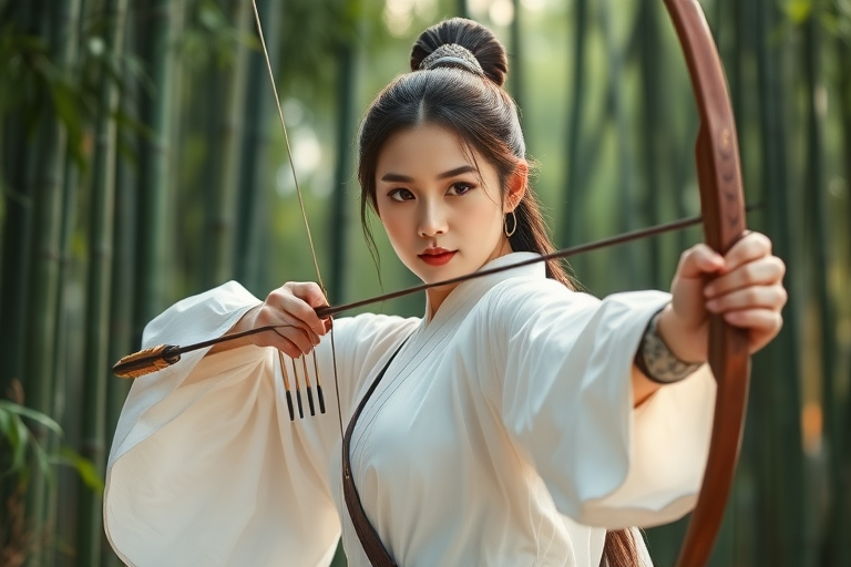 From the perspective of the whole body, a beautiful woman in the Tang Dynasty of China, a chivalrous woman, dressed in white, pulled open her bow and arrow, in the bamboo forest. A complete bow and arrow, the correct bow-pulling posture. Movie poster, game cg.