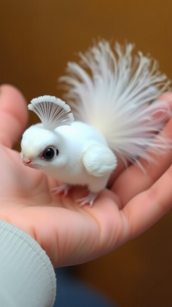 A small tiny cute chubby big eyes big perfect tail real white dancing peacock with tail on hand