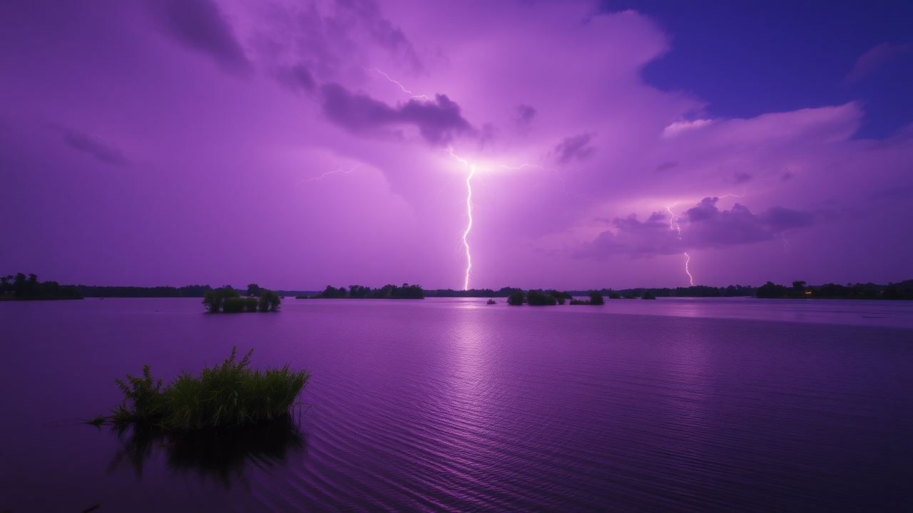 photo, lakes, nature, purple sky, lightning