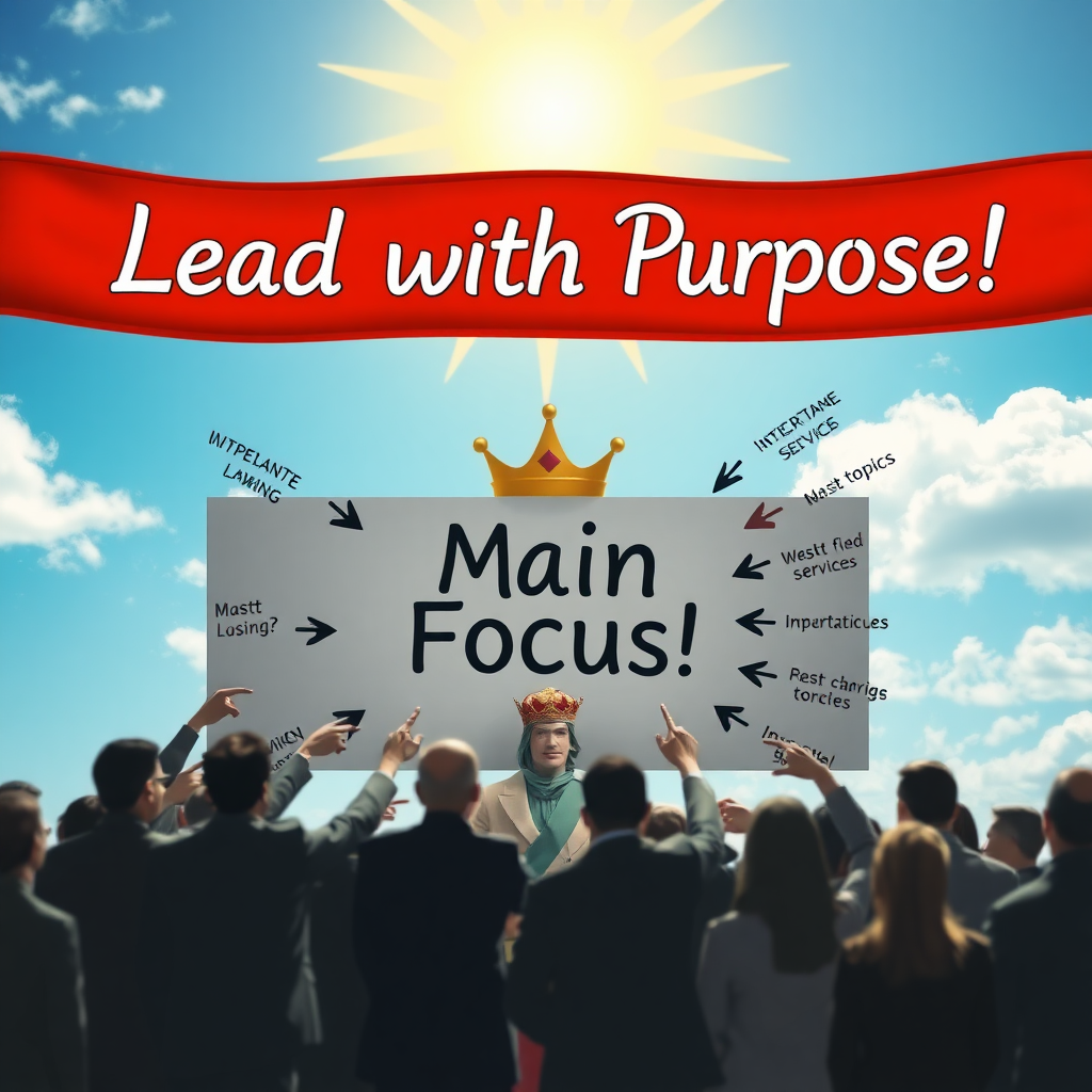 An imaginative scene depicting a royal figure wearing a crown, surrounded by a group of people pointing to a large sign that says "Main Focus" with arrows leading to various important topics, all under a bright sun with a banner overhead reading, "Lead with Purpose!"