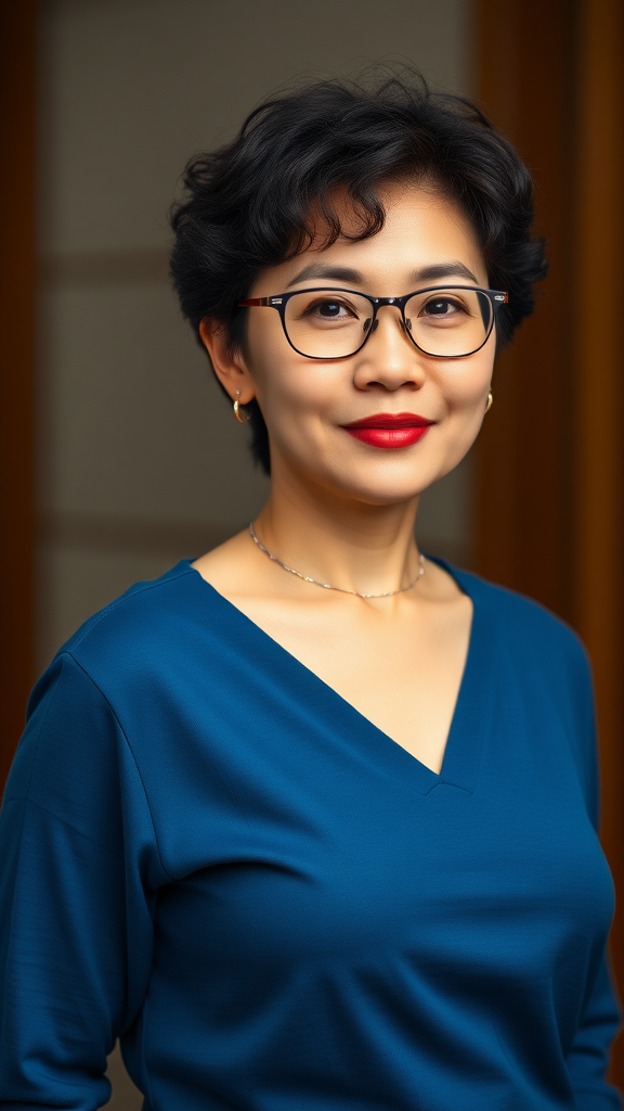 A beautiful Chinese woman, 30 years old, with short curly hair, wearing glasses, a full figure, small breasts, in blue clothing.