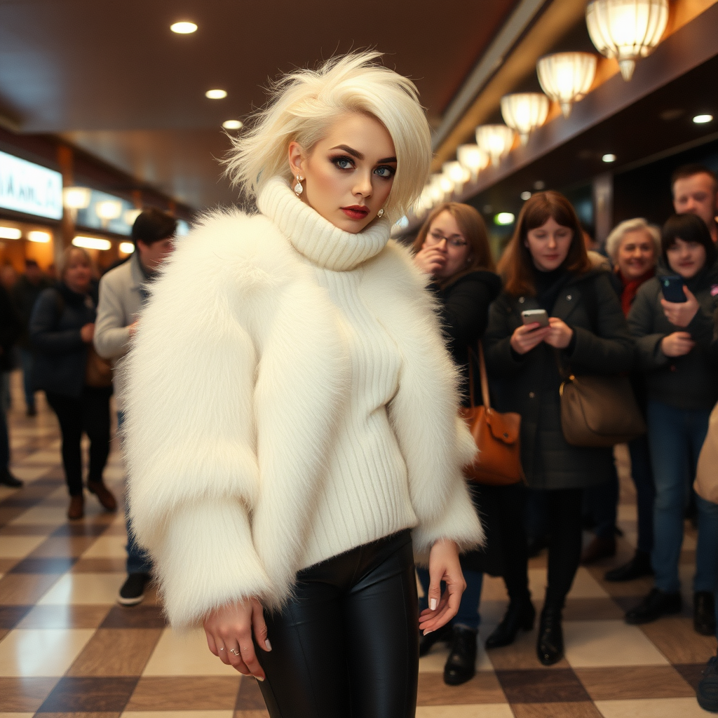 1990 winter evening, crowded cinema lobby: Sam, 19 years old beautiful involuntary femboy, rebellious intractable character, petite boyish figure, platinum blond boyish rebel punk hairstyle, flawless heavily made-up face with sharp arched tattooed eyebrows, wearing Supertanya-style fluffy very fuzzy bright white angora thigh-length turtleneck-poncho fully covering body and arms, silver-glitter leggings, black leather high-heeled pumps, silver earrings, puzzled alarmed, pout serious, impatiently waiting for her master. Other visitors watching laughing taking pictures. Full view of scene.