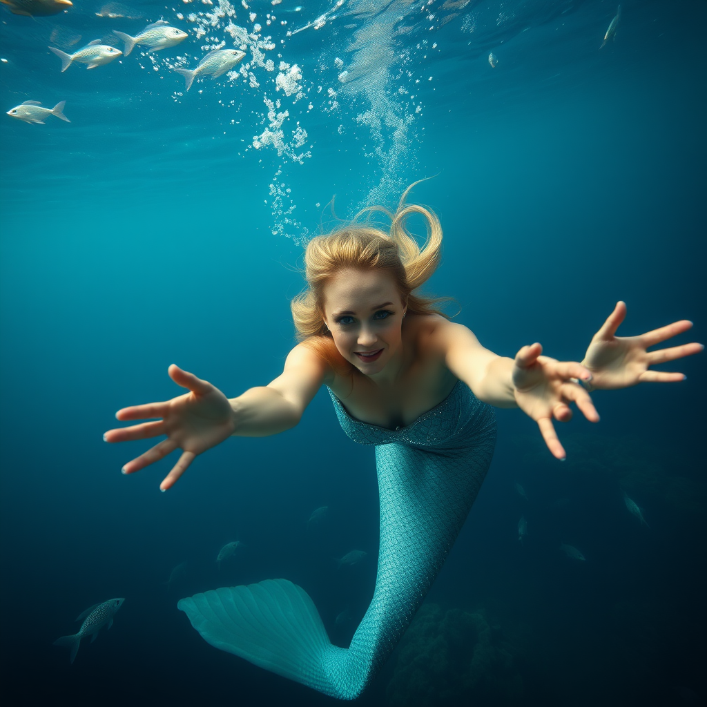 Sookie Stackhouse as a mermaid. She's diving down towards the viewer of the image, arms outstretched. The sea is deep and mysterious and filled with a myriad of ocean life plants, fish, and other aquatic life. Super HD DSLR Amazing Resolution Photograph