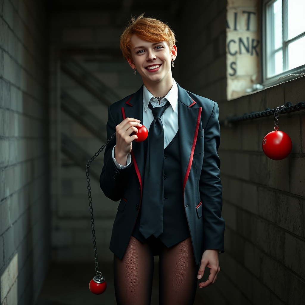 photorealistic, ultra high resolution, 16K, surreal fantasy, soft studio lighting, Tyler Swift is a pretty 18 year old goth male, slim male physique, auburn hair, goth makeup, earrings, shiny black pantyhose, school uniform shirt tie and blazer, Mary-Jane shoes, spikey neck collar chain and leash, red ball-gag, in a dungeon, the end of the leash is chained to the wall, in daylight, excited smile, facing the camera.