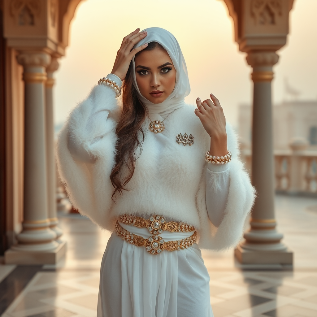 Kuwait desert palace harem patio misty dawn: Melissa, European 17 years old very convincing femboy “trophy-bimbo”, tamed servile docile, very beautiful feminine flawless face, rather short, by hormones very curvaceous womanly figured, heavily made-up eyes, wearing Supertanya-style fluffy very fuzzy bright white angora turtleneck-poncho cropped ending under bust decorated with pearls and gemstones, striking oriental wide gold bridal protection belt, white fully transparent harem pants, full Oriental bridal jewelry, face covered by white sheer full Burka, coin anklets, striking diamond “$$$” letter brooch on left chest, pout frustrated, seductively dancing hands over her head, looking at camera. Full view.