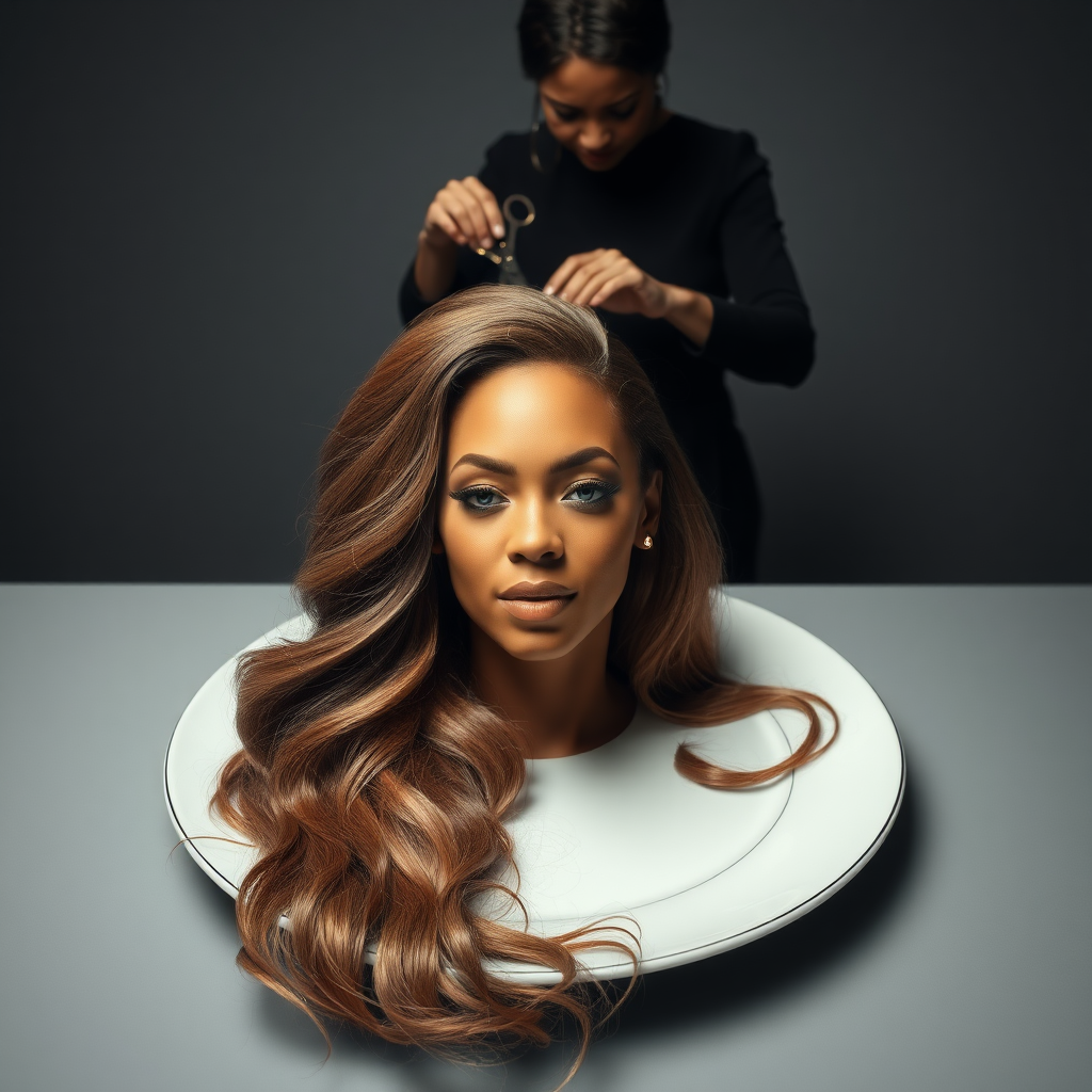 In a surreal and provocative scene, a beautifully tethered, disembodied head of Beyoncé rests gracefully on an elegant porcelain plate, her long, luxurious hair cascading like a waterfall of silky strands around the edges, creating a striking contrast against the stark, muted gray background. The sheen of her skin glows softly, exuding an air of ethereal beauty, while her chin rests directly on the plate, poised and serene. Behind her, a skilled hairdresser, clad in chic black attire, stands with a focused expression, gently teasing and arranging her magnificent hair with nimble fingers, creating intricate patterns that defy gravity. The atmosphere is oddly intimate yet surreal, blending an appreciation of beauty with an unsettling twist, as soft light casts subtle shadows, enhancing the textures of both hair and porcelain. The air is filled with a quiet stillness, broken only by the subtle sound of the hairdresser’s scissors snipping rhythmically and the faint fragrance of hair products mingling with the cool air, heightening the unusual but captivating atmosphere of the scene.